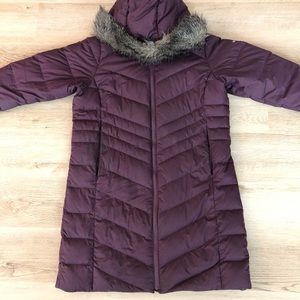 Columbia long puffer jacket with faux fur detail